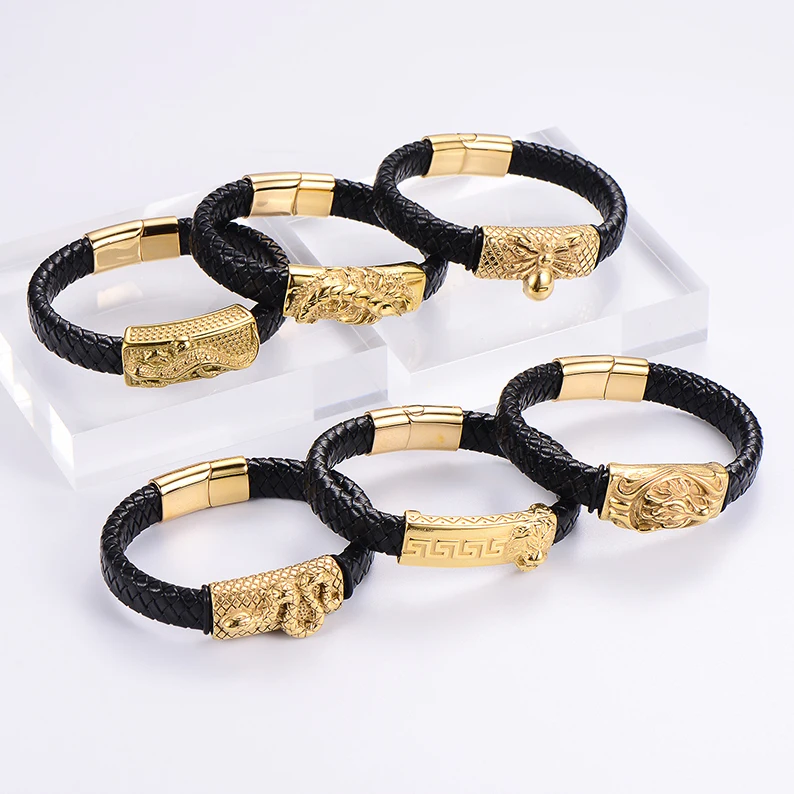 New Trendy Braided Cuff Wristband Stainless Steel Owl Snake Mens Braided Bracelet Magnetic Clasp Leather