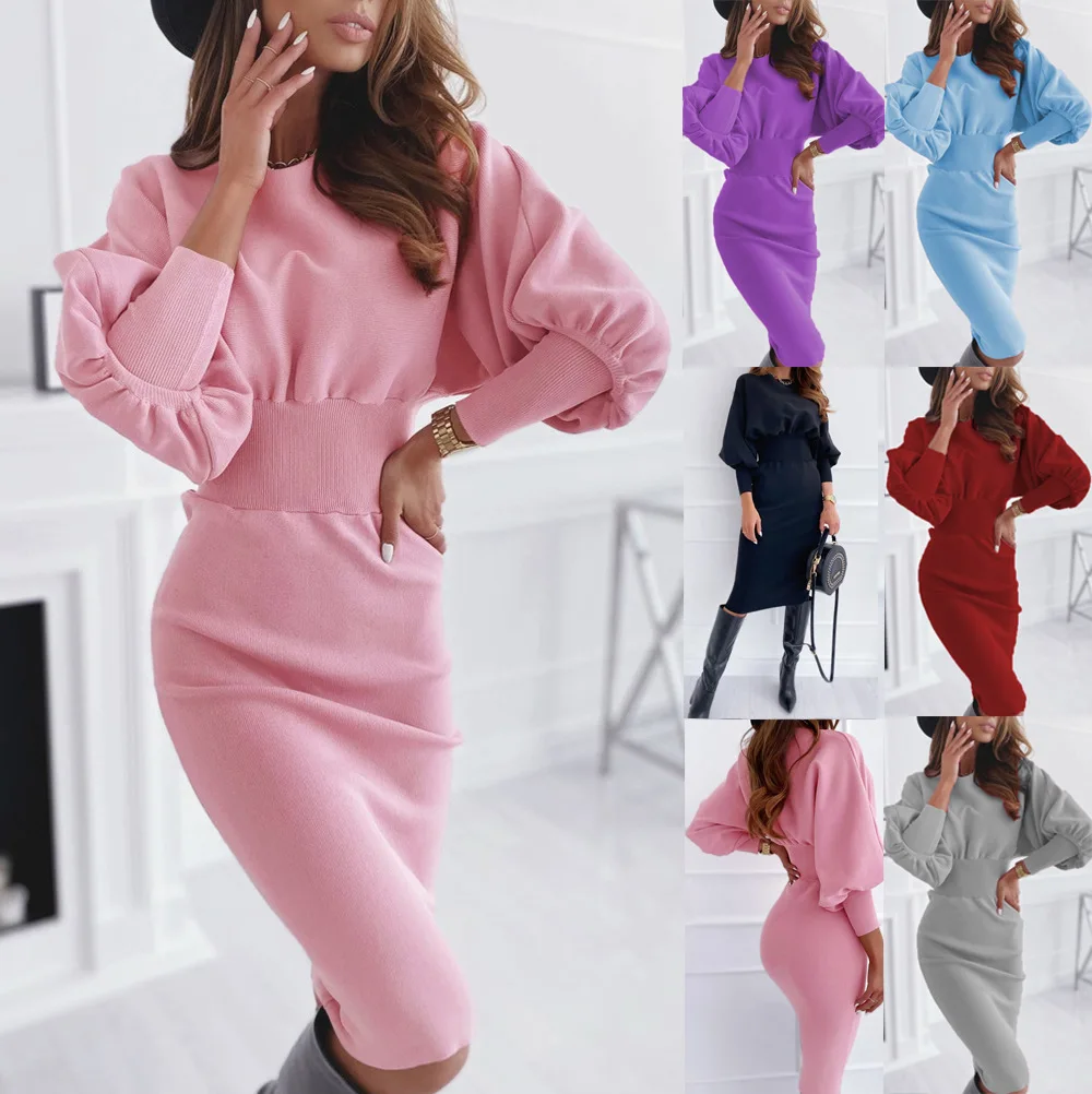 2021 vestidos Casual Women Dresses Elegant Solid Long Sleeve Fitness Puff Sleeve Corset Knitting Women Dress