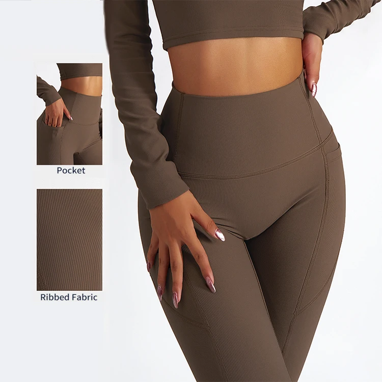 MIQI Ribbed High Waist Butt Lift Exercise Yoga Pants Ladies Sports Gym Workout Yoga Leggings