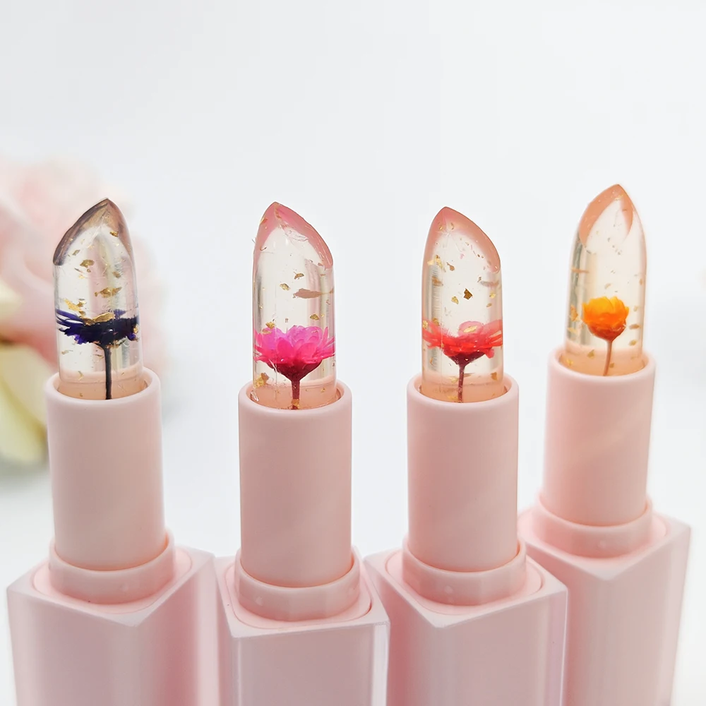 OEM Your Logo Cute Lip Stick with Pink Packaging Tube Luxury Color Changing Lip Balm Clear Crystal Flower Lipstick Lipgloss