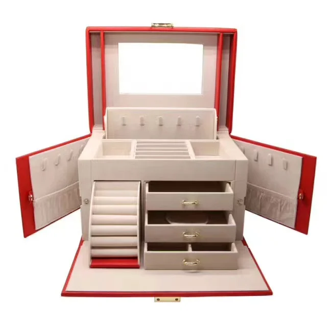 Leather Jewelry Organizer with Lock 4 Level Trays Velvet Lining Storage Case-Gift Box for Your Valuables
