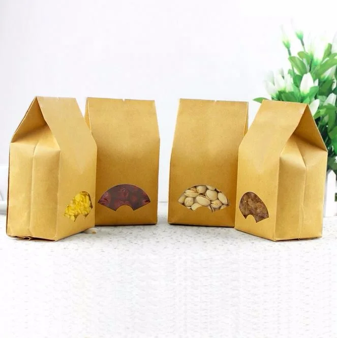 Custom designer bags biodegradable brown kraft tea packaging bags for Food snacks nuts