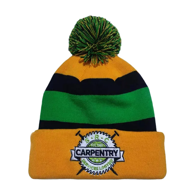 Custom Beanie/100% Acrylic Your Own Embroidery Logo Jacquard Letter Knitted Beanie Hat Custom Winter Hat With Pom Pom