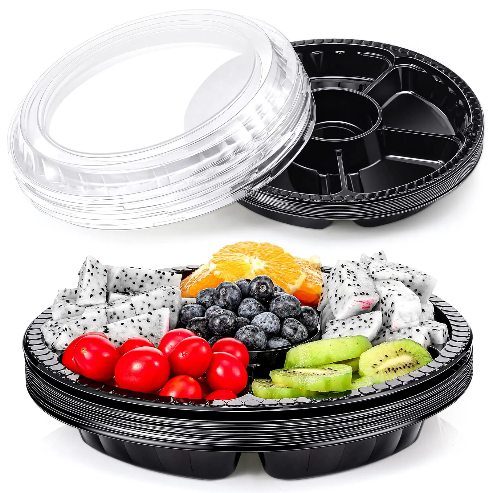 Factory Wholesale Custom Disposable Food Fruit Serving Tray Clear Packing Takeaway Container Packaging Tray with Black Lids