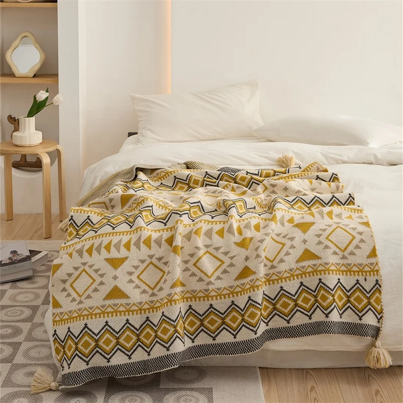 Aztec Navajo Custom Knitted Bohemian Tassel Adult Luxury 100% Acrylic Comfy Vintage Trow Blanket Kids TL