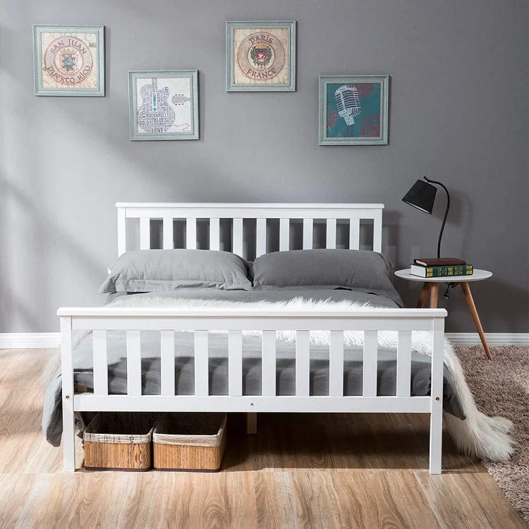 White solid pine wood Double Bed Wooden Frame for kids