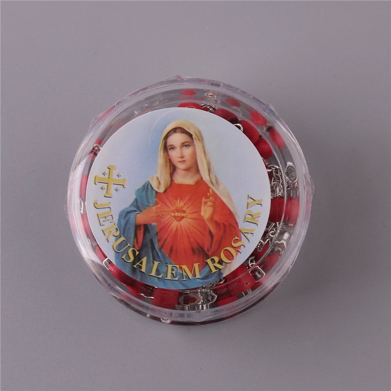 Religious Catholic Jewelry Charm Pendant Chain Necklaces 6mm Rose Scented Red Wooden Beads Rosary with Virgin Mary Box
