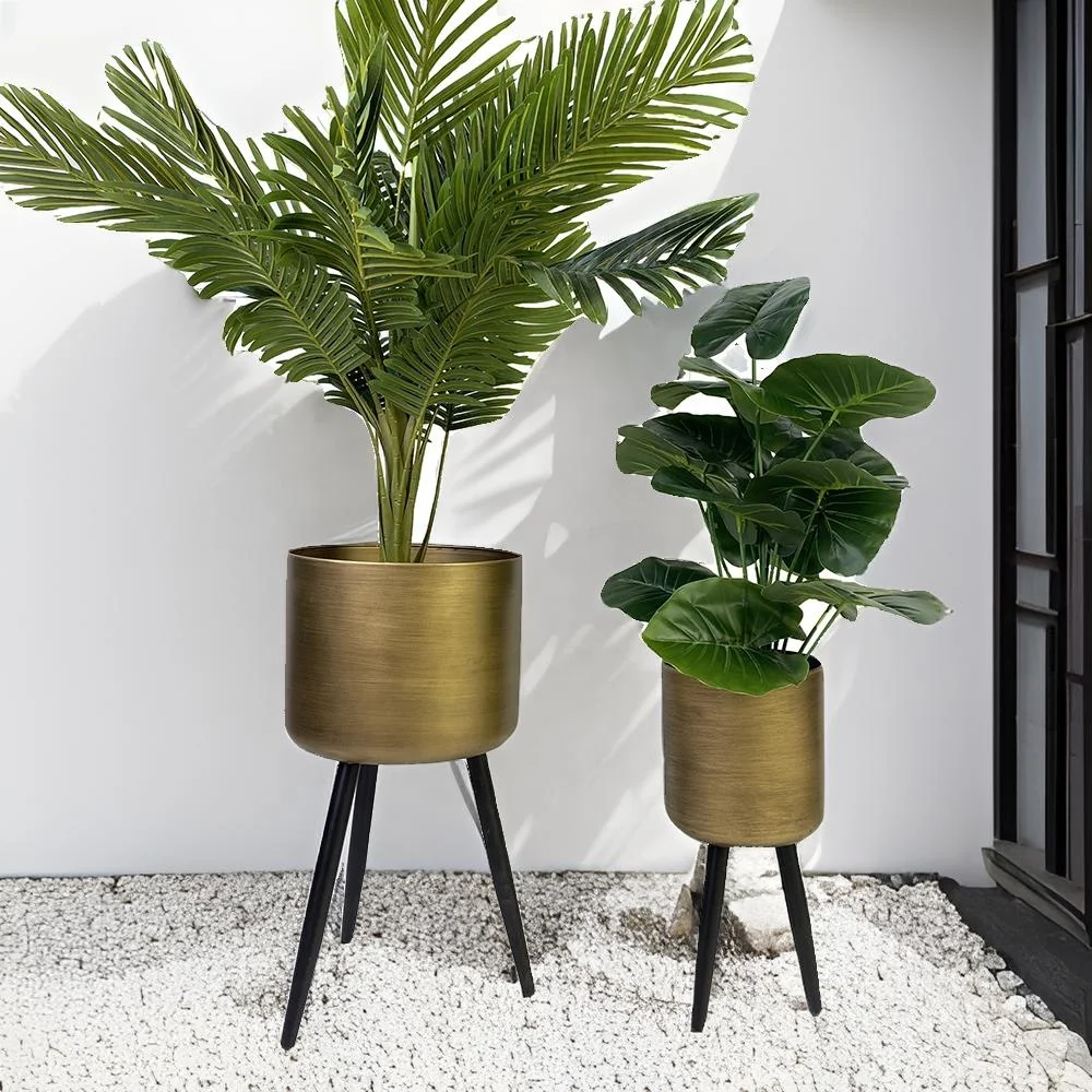 Lander Set of 2 Vintage Metal Plant Stands with Large Floor Pots Indoor Outdoor Decorative Planters