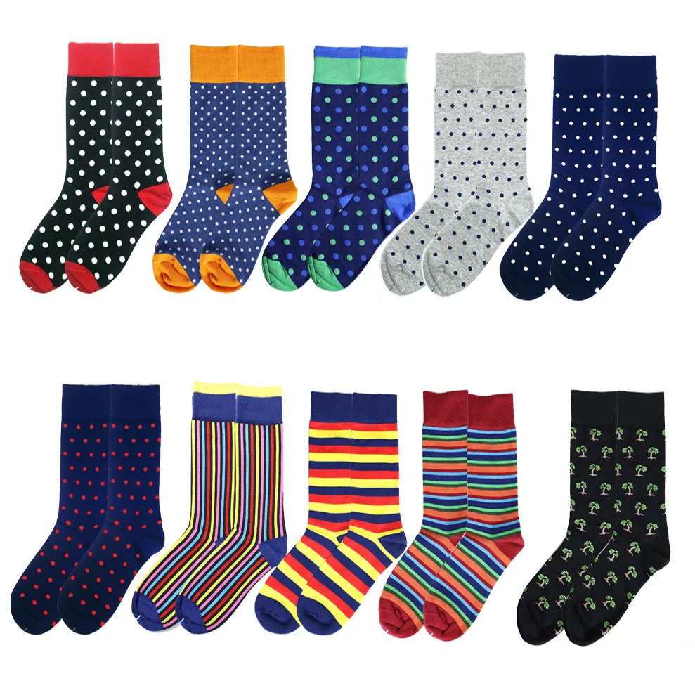Casual premium mid calf socks unisex striped combed cotton crew business polka dot socks men simple socks
