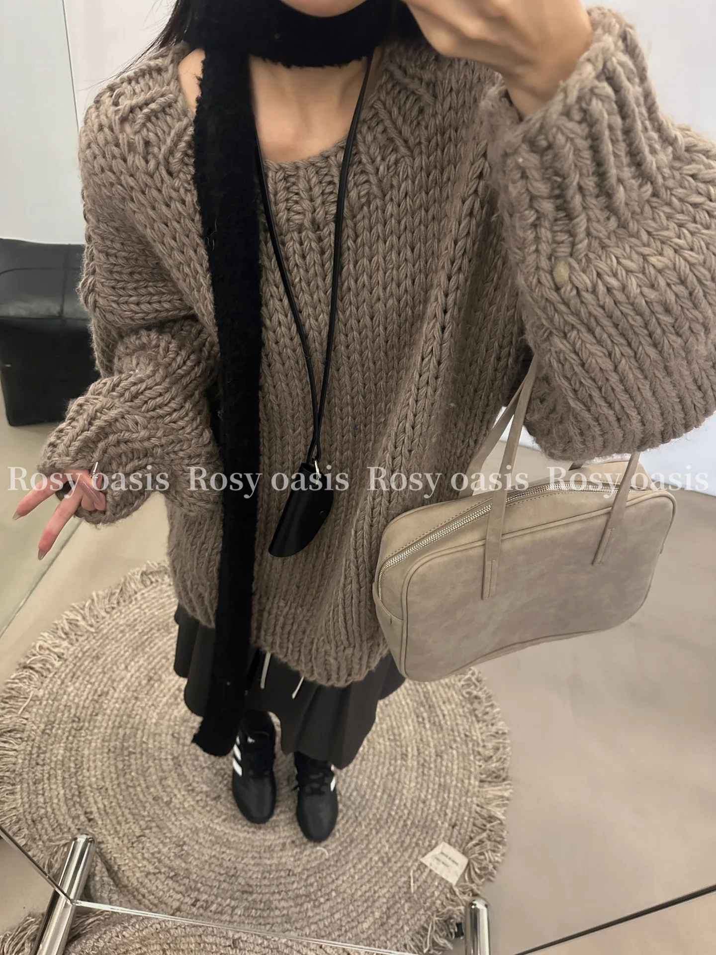 Корейская Женская шерстяная трикотажная куртка P3369 Свободный Длинный топ с круглым вырезом мягкий для расслабления плотный пуловер
