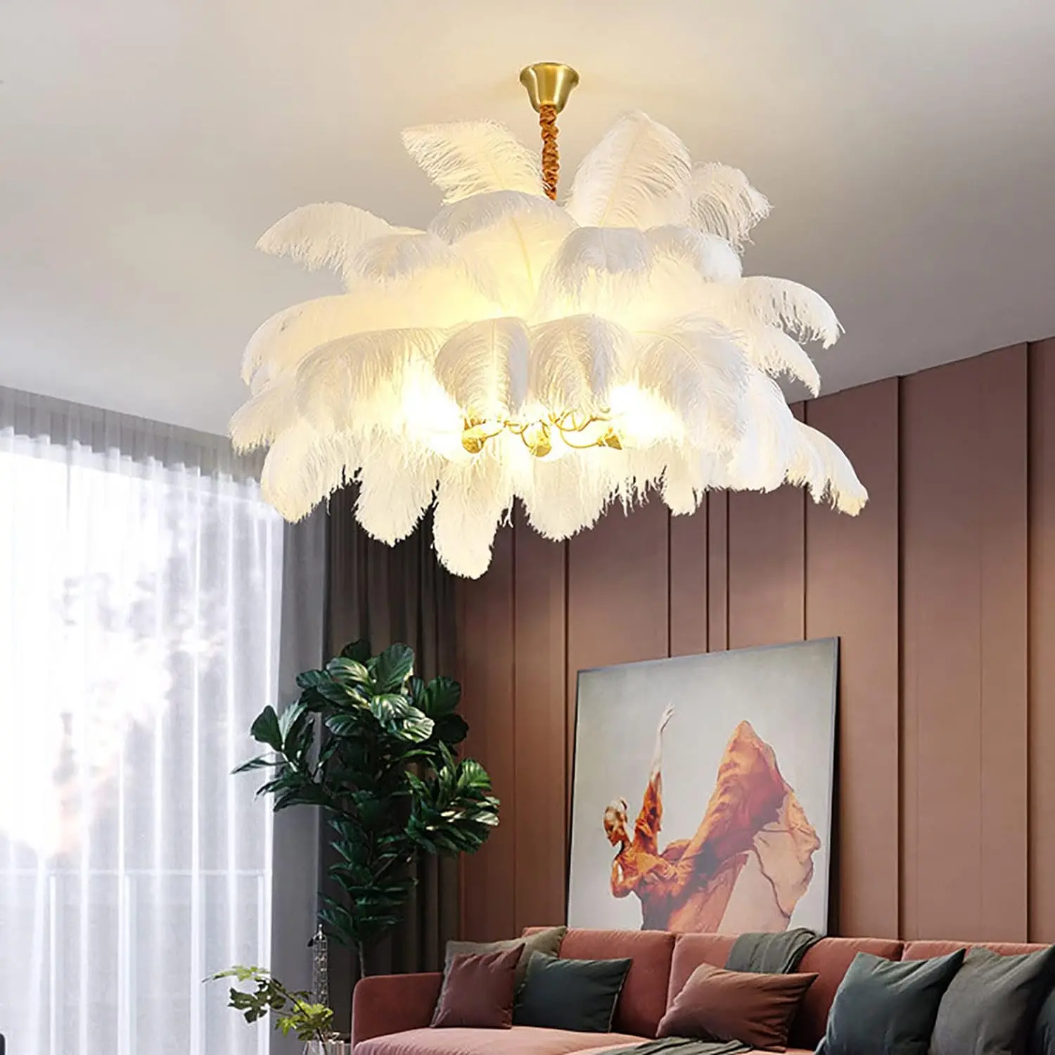 Art Romantic Creative Hanging Chandelier Ostrich Feather Ceiling Shade Modern Ostrich Feather Chandelier Pendant Lamp