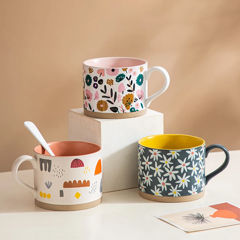 Creative Floral Mugs Lovely Ceramic Coffee Breakfast Mugs INS Style Flower Design Porcelain Mugs Vintage Big Belly Coffee Cup