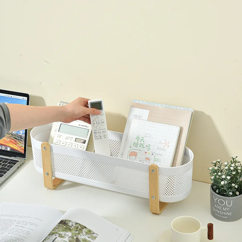 Creative Wooden Handle Storage Holder Rectangular Plastic Basket for Kitchen Cabinet Clutter Desktop Organization