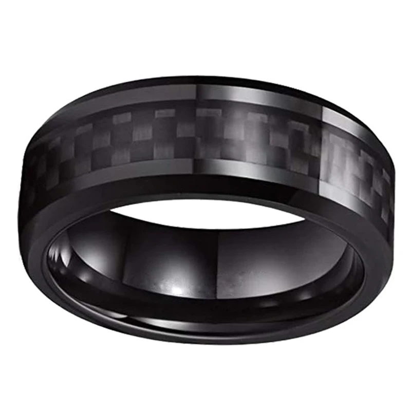 Coolstyle Men Jewelry 8mm Engagement Wedding Band Inlay Beveled Edges Comfort Fit Tungsten Carbide Ring Carbon Fiber Black Ring