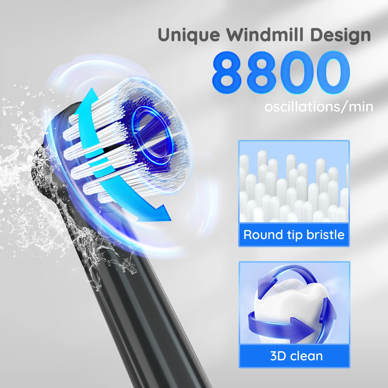 Mornwell Travel Black Rechargeable Oral Whitening B Round Head Rotary Spin 360 Rotating Electric Toothbrush