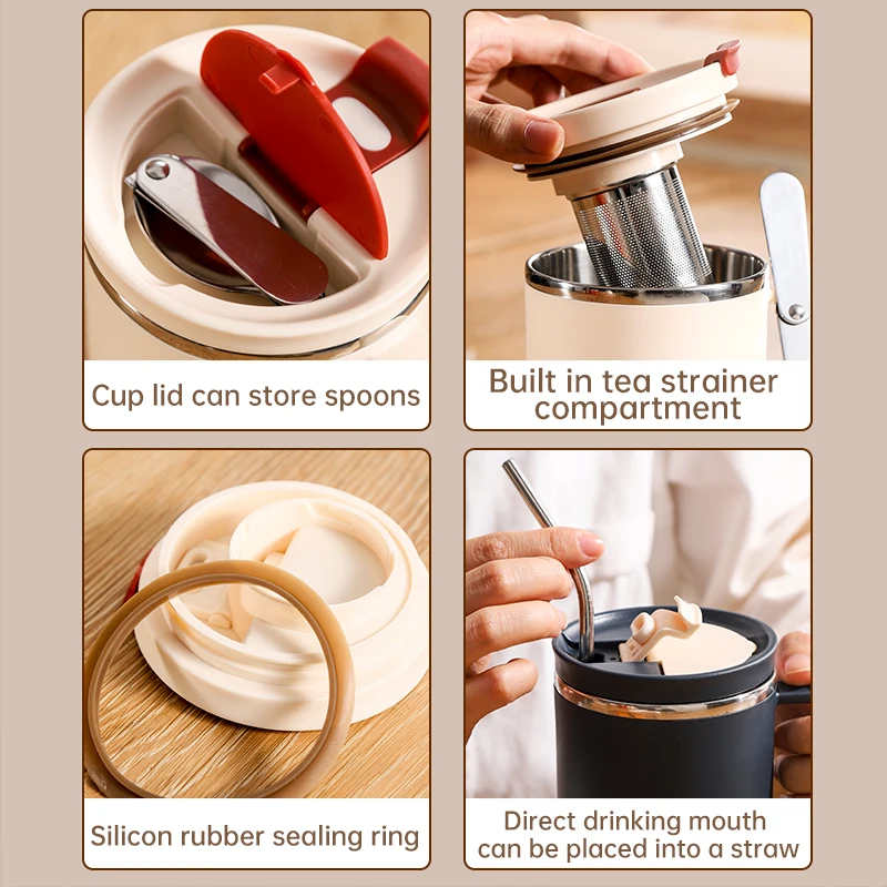 Custom Logo 500ml Stainless Steel Insulated Coffee Mug Double Wall Vacuum Travel Mug Tumbler Cup with Sliding Lid Handle