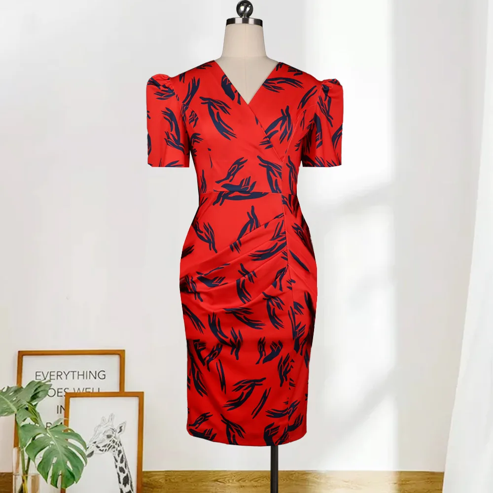 women office dresses V neck short sleeves career formal ladies