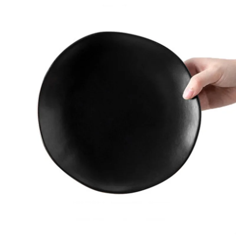 10 inch handmade japanese black colored coated glaze organic design porcelain ceramic snack salad dinner serving plate