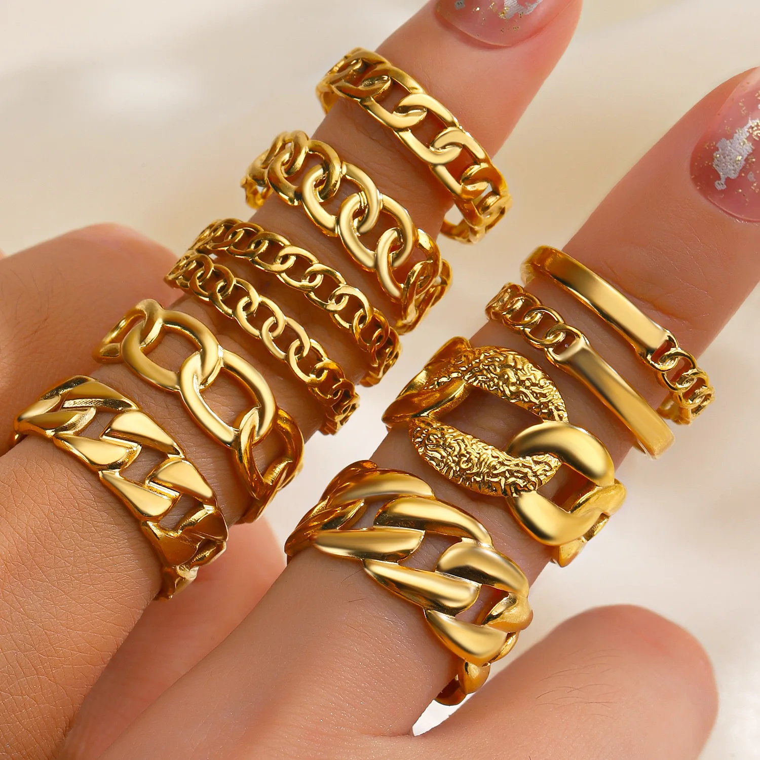 OEM Bague Acier Inox Retro Women Jewelry Gifts Cuff 18 K Gold Stainless Steel Adjustable Chain Ring