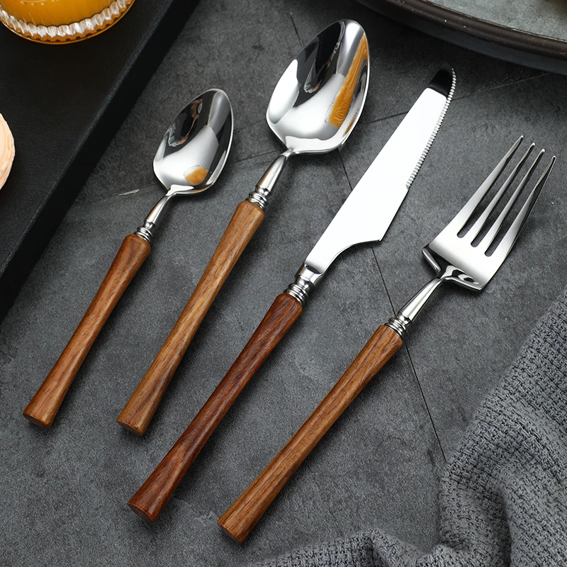 Luxury Silverware Stainless Steel Flatware Set Spoon Fork Knife Cutlery Set with Thin Wood Grain Handle