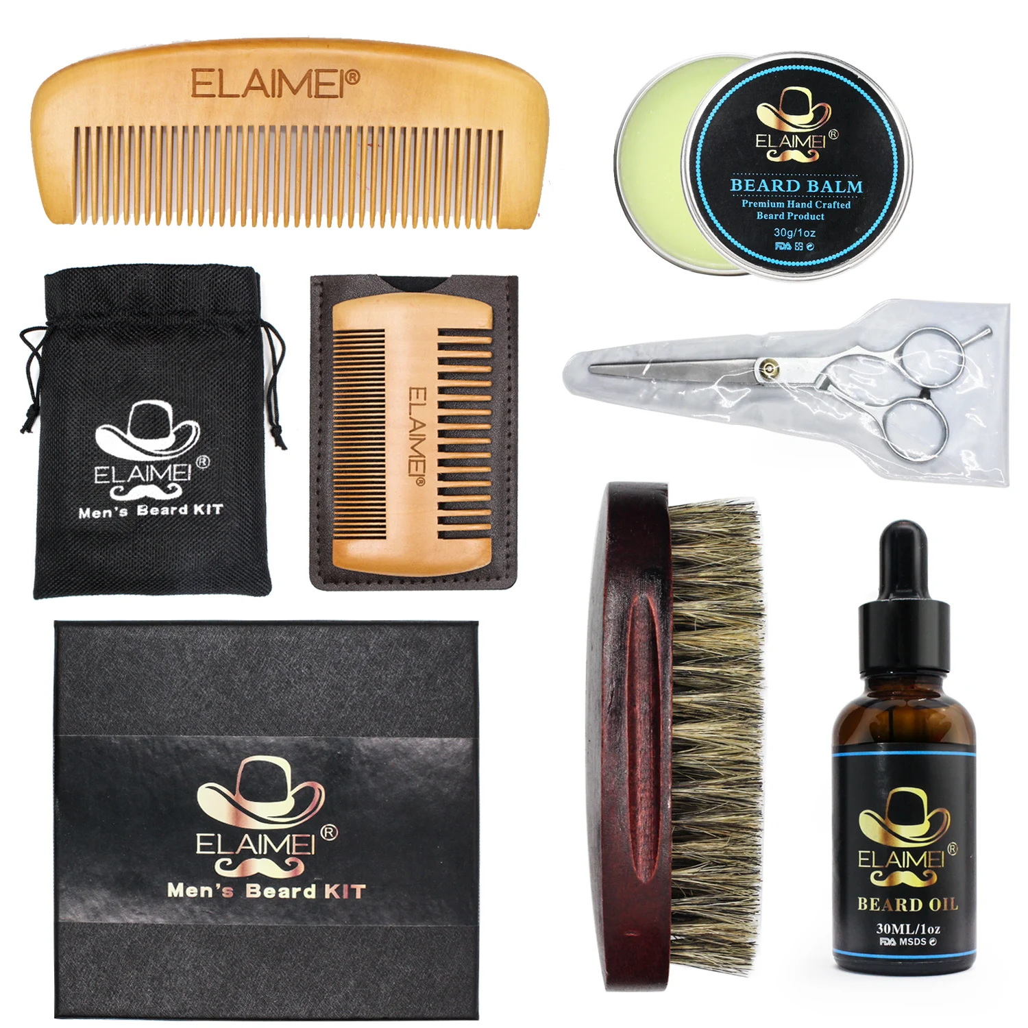 ELAIMEI private label custom logo grooming mens beard care set kit,beard brush and comb set,men gift beard set