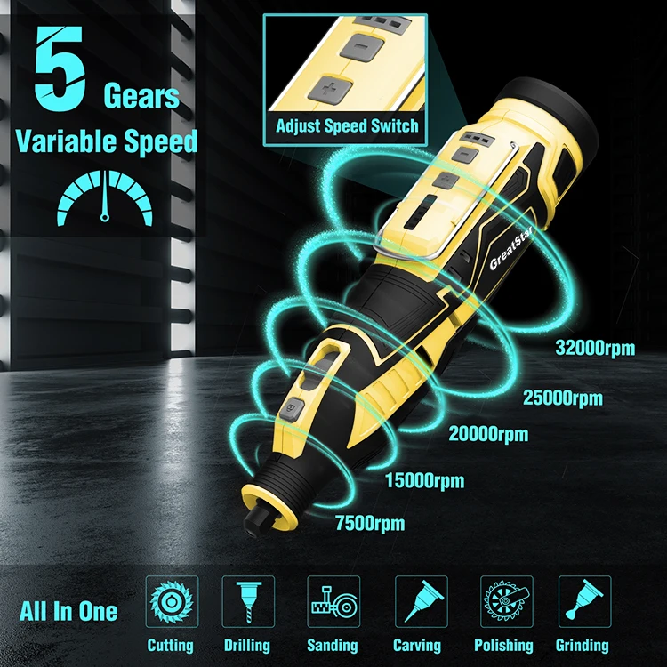GreatStar Customized 12V Cordless Rotary Tool kit Multi Tool Set 5 Gears Variable Speed Mini Grinder with 114 PCS Accessories