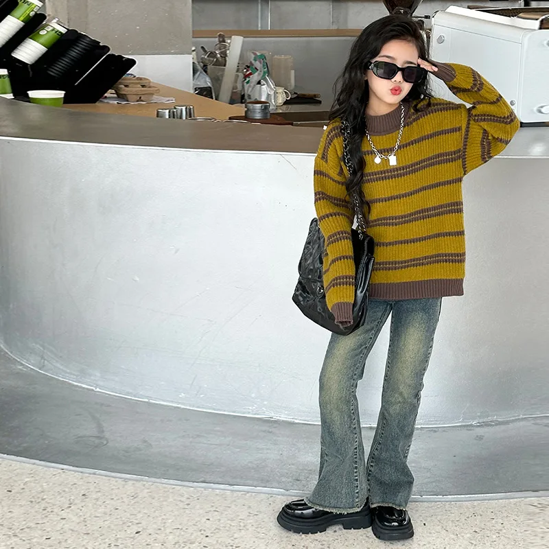 2023 Youths Girls Yellow Striped Pullover Knit Sweater 5-15 Years