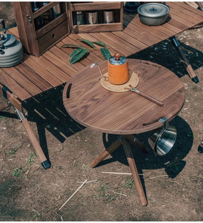 WOODSPACE North American Style Portable Round Black Walnut Table Camping Park Courtyard Removable Picnic Tea Tray camp