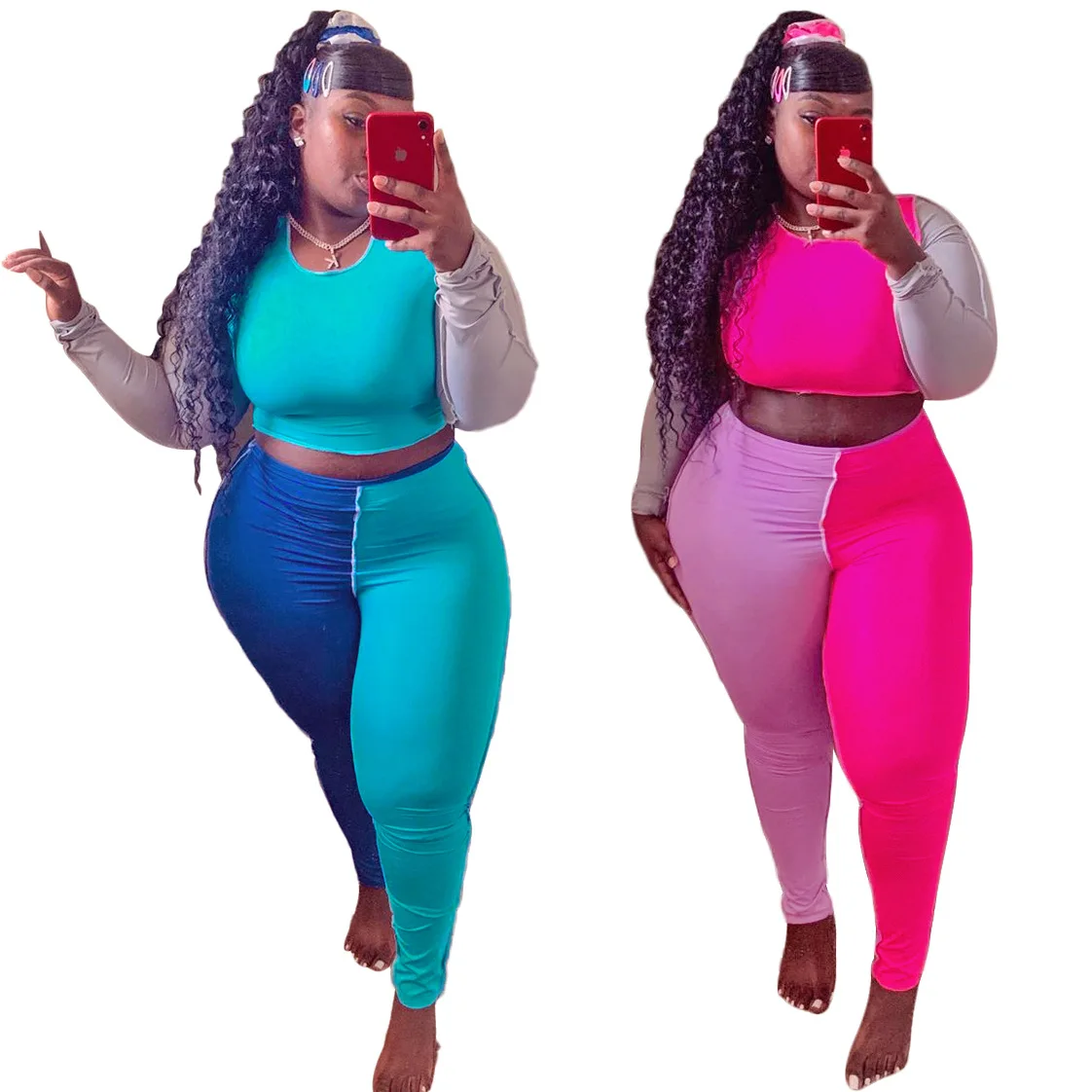
2021 color patchwork color plus size clothing vendor long sleeve top and trousers plus size women clothing two piece set 