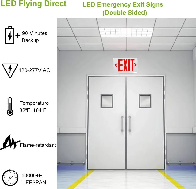 UL 924 Approved LED Emergency Exit Light Cold White Plastic Sign with Battery Backup for AC 120/277V Double Face