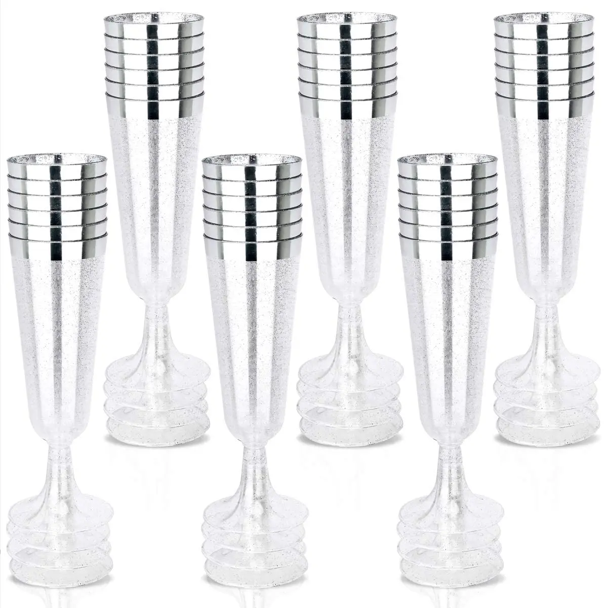 Silver Rim glitter Champagne Flutes 4 Oz Disposable Champagne Glasses, Plastic Toasting Glasses for Celebration, Wedding