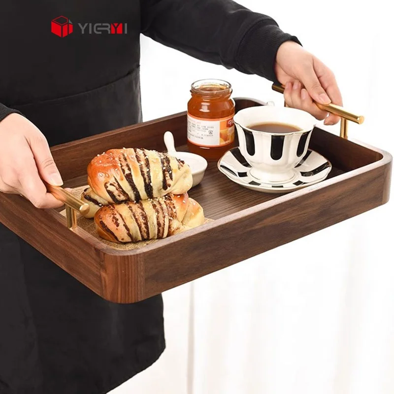 Set of 3 Walnut Wood Serving Tray with Handles Decorative Serving Trays Platter for Breakfast Appetizers BBQ, Coffee Table Party