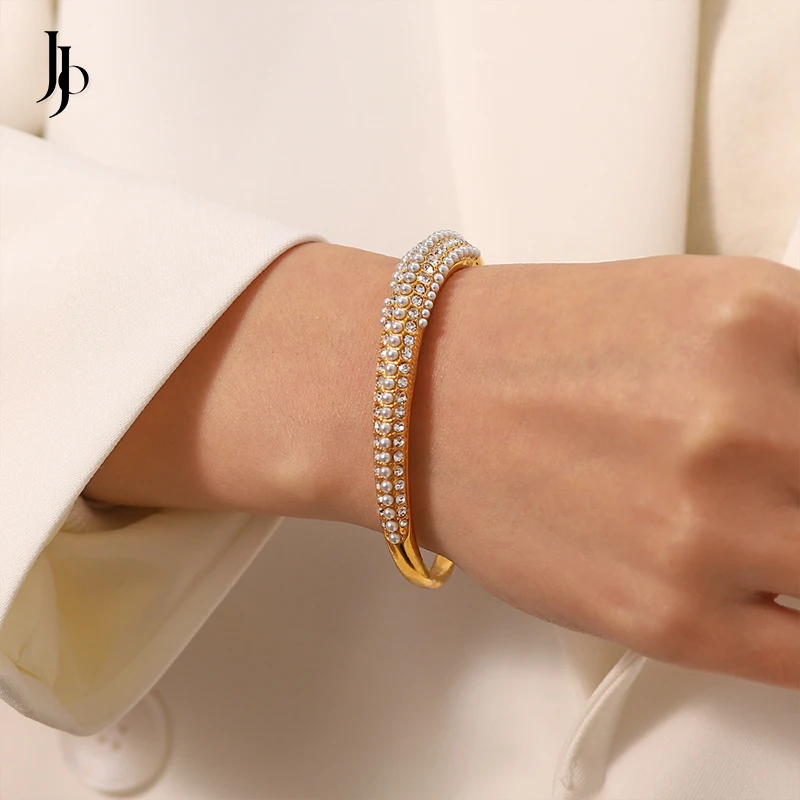 JOJO Fashion 2023 Luxury multi-layer full diamond pearl bracelet 18k gold plated stainless steel open bracelet charms women