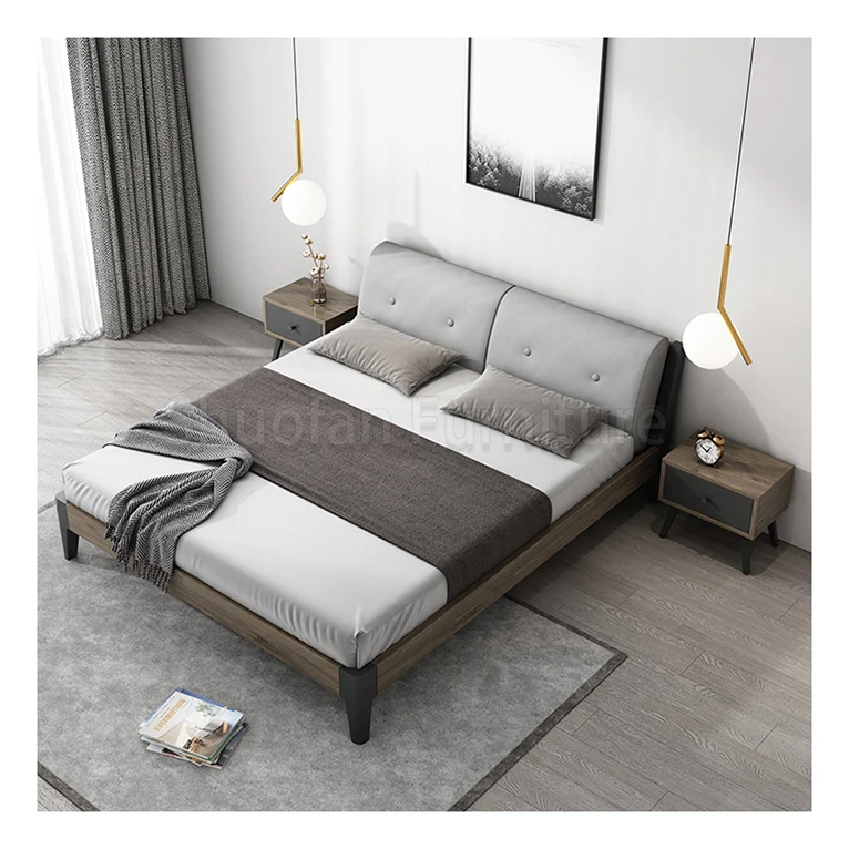 Модель в скандинавском стиле, кровать из твердой древесины под заказ, свадебная легкая роскошная кожаная деревянная кровать, кожаная обивка