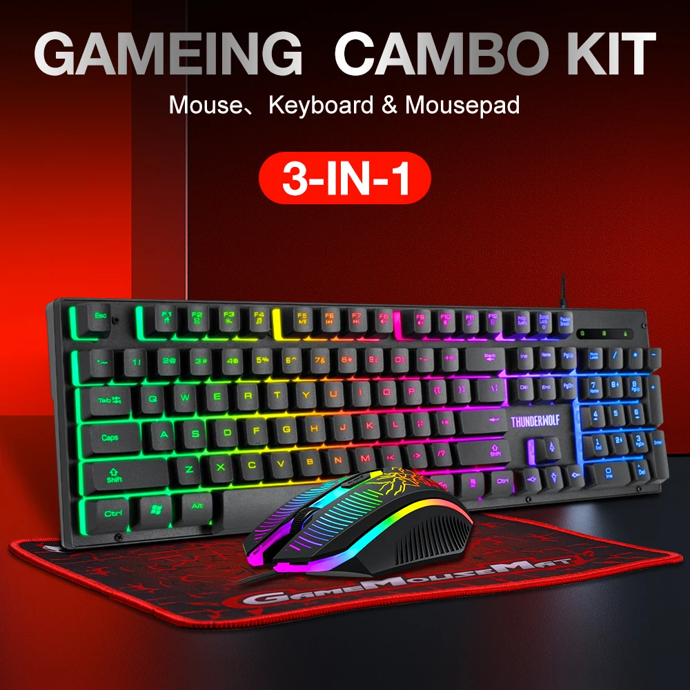 3 in 1 Mechanical Feeling Gaming Usb Wired Keyboards Gaming RGB Rainbow Keyboard And Mouse Combo