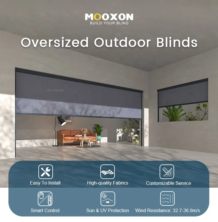 Mooxon Aluminium Motorized Blinds Retractable Curtain Blackout Electric Control System Outdoor Roller Sunshade Roller Blinds