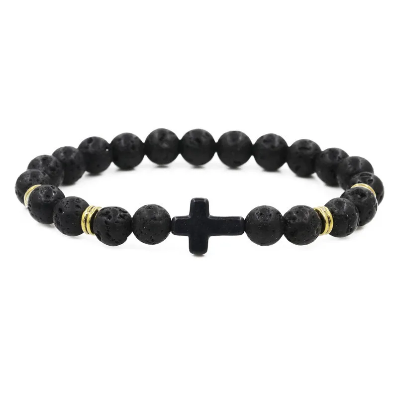 Wholesale Unisex Natural Stone Bead Bracelet Men Cross Black Onyx Volcano Stone Bracelet Matte Beaded Bracelets Pulseiras
