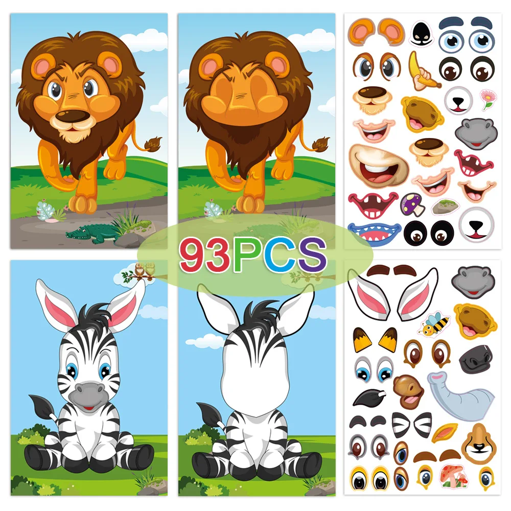 9 Sheets Make-a-Face Animal Stickers Mix and Match for Kids. dinosaur princess animal make a face sticker book