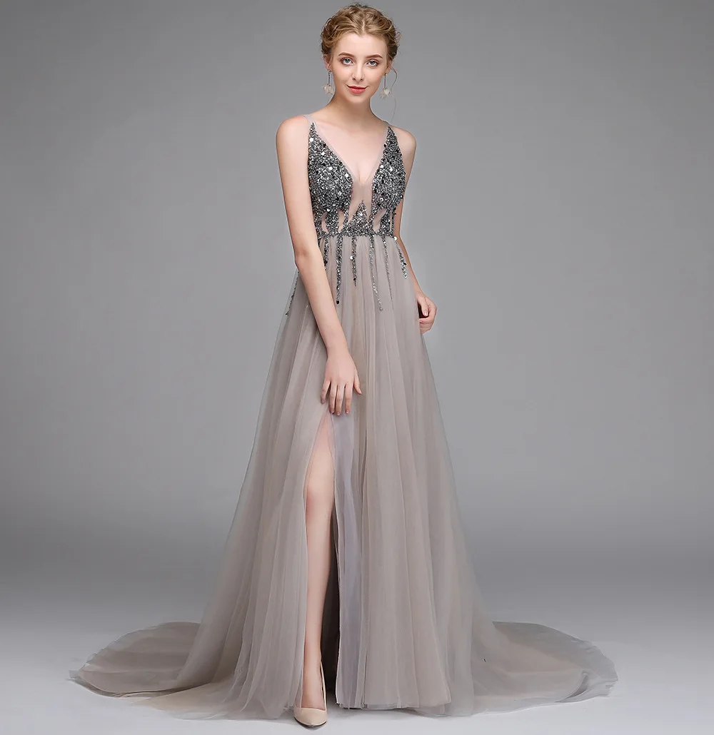 2023 Sexy Long Deep V-neck Party Gown Backless Beads Crystal Prom Dresses Hand sequins Evening dress