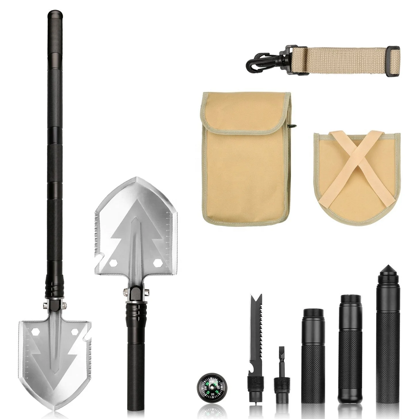 G class multi-purpose survival kit for outdoor camping,include shovel,knife,axe,saw.