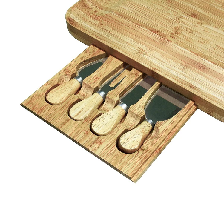 high quality bamboo wooden cheese board kitchen cutting board set with 4 knives tools