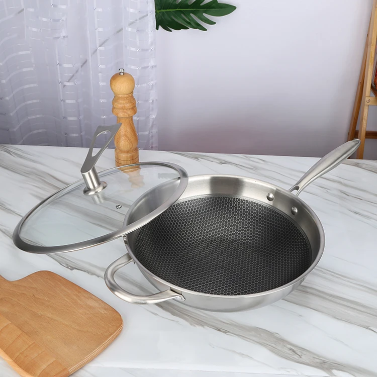30/32/34 cm Wok Frying Pan With Lid Stainless Steel 304 Wok Pan Honeycomb Cookware Wok