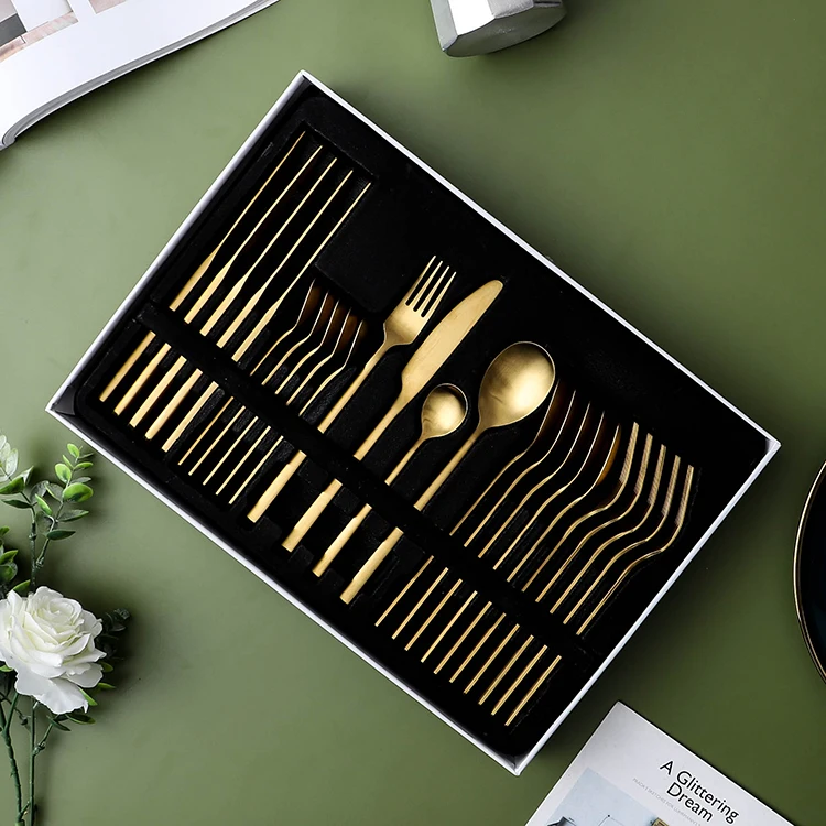 24 pcs fashionable gift wedding party used stainless steel flatware retro polishing matte gold 24 piece cutlery set
