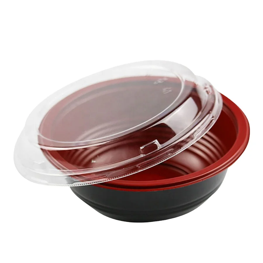 Disposable Plastic PP Black And Red Round Take Away Microwave Ramen Container