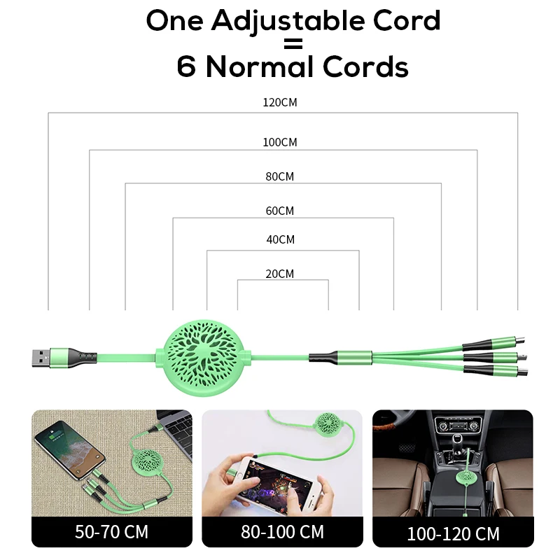 luxury 3 in 1 retractable usb cable flexible 20cm to 110cm fast charging cables for huawei xiaomi