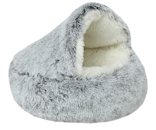Pet Cat Bed Round Long Soft Plush Burrowing Cave Hooded Dog Cat Bed