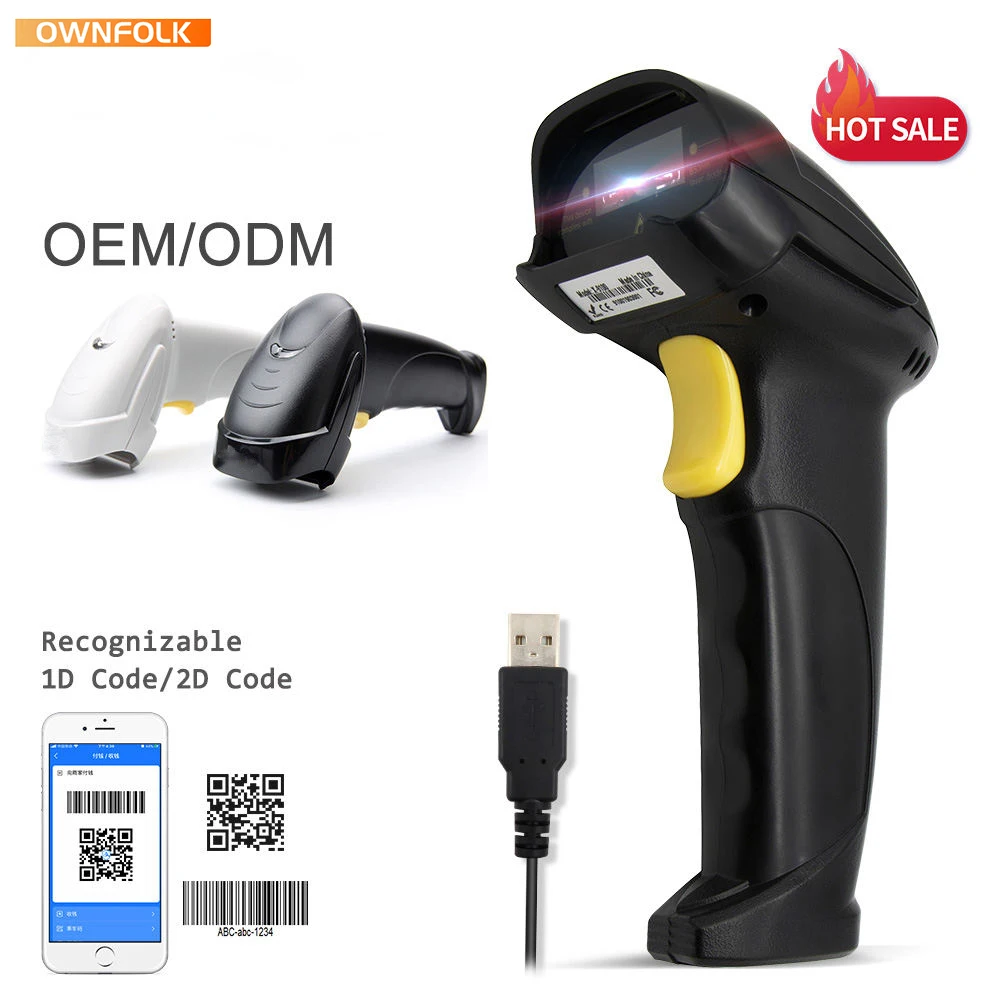 OWNFOLK Laser CCD CMO Scan wired Bar Code Scanners Reader Corded Handheld 1D 2D QR Barcode Scanner for supermarkets