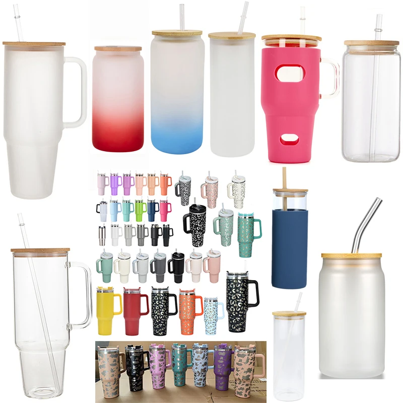 Usa Warehouse 32oz 40oz red Drinking High Borosilicate Glasses Drinkware Beer Can Cup Glass Tumbler With Handle Bamboo Lid Straw