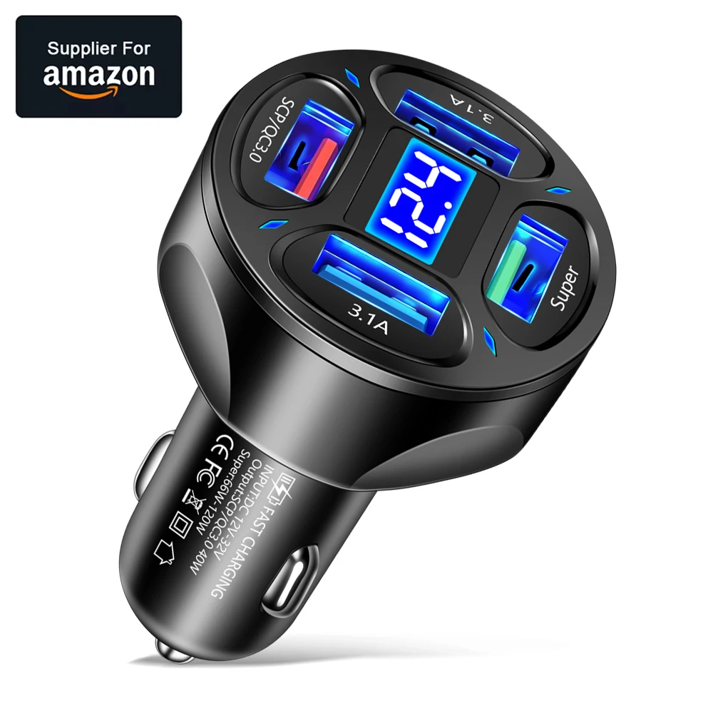 HYTO 66W 4 Ports USB Car Charger Fast Charging PD Quick Charge 3.0 USB C Car Phone Charger Adapter For iPhone 13 Xiaomi Samsung