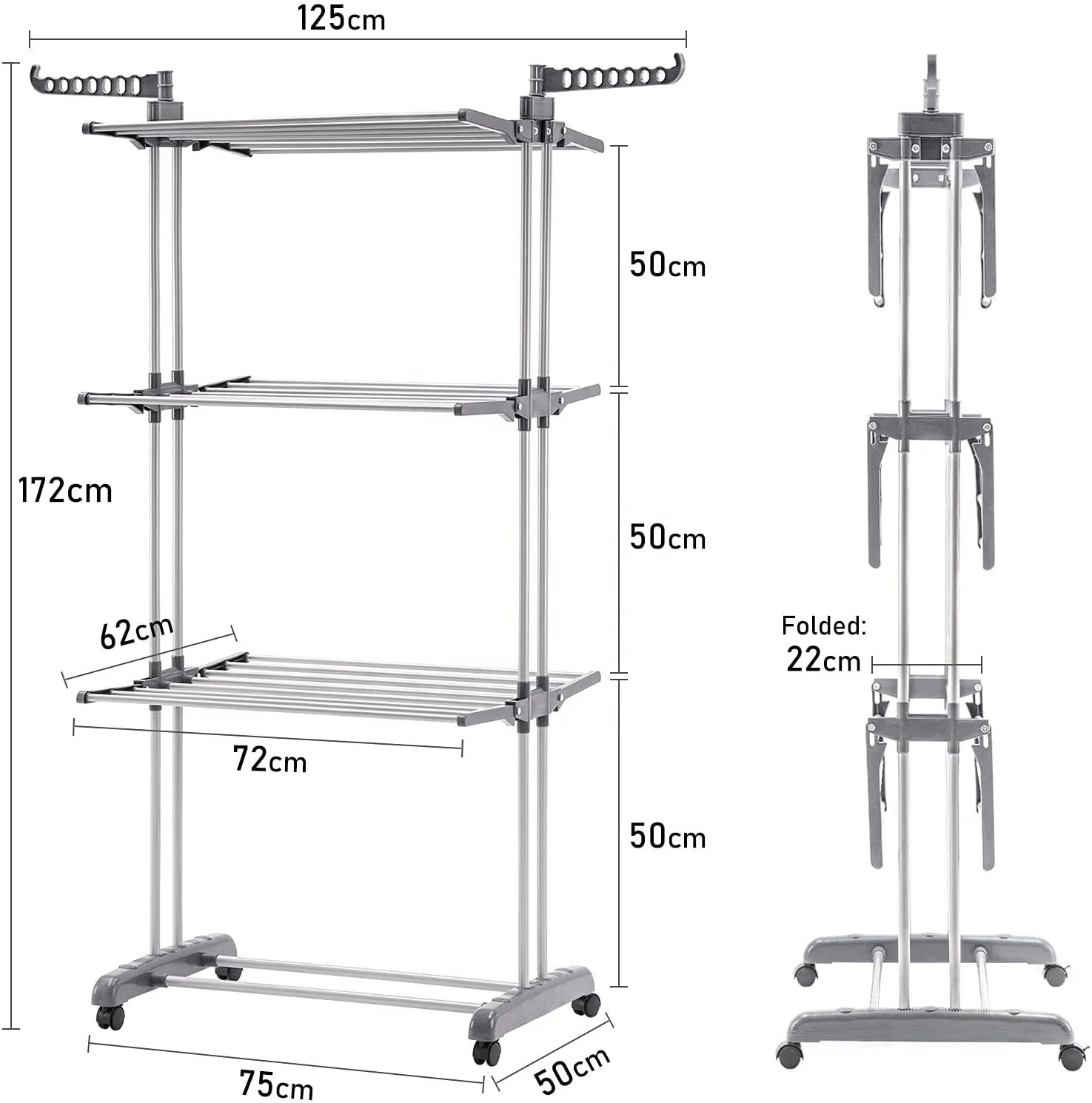 3 layers stainless steel portable fordable clothes drying airer, 3-Tier Collapsible, Rolling, Laundry Dryer indoor & outer door
